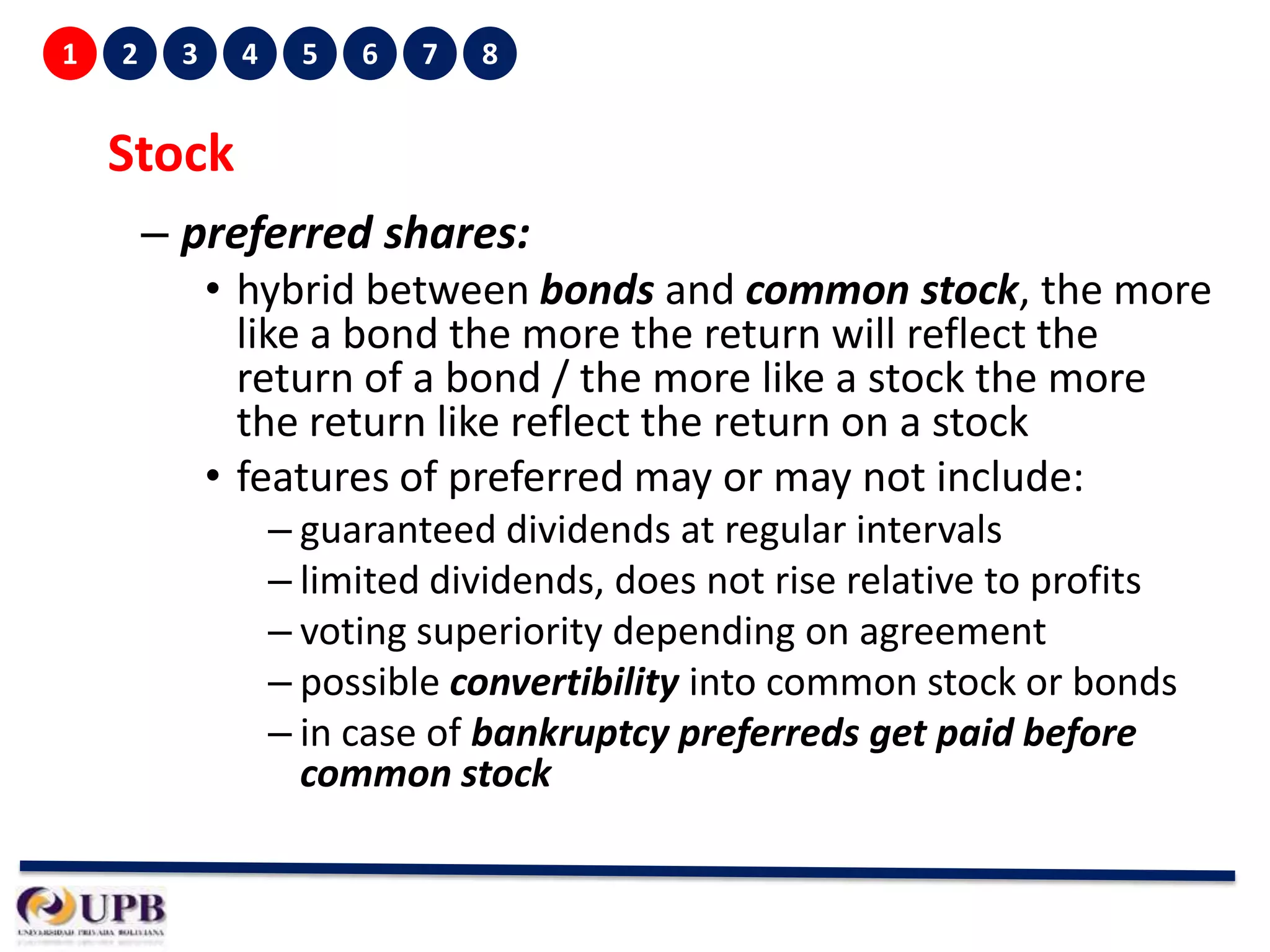 1

2

3

4

5

6

7

8

Stock
– preferred shares:
• hybrid between bonds and common stock, the more
like a bond the more the return will reflect the
return of a bond / the more like a stock the more
the return like reflect the return on a stock
• features of preferred may or may not include:
– guaranteed dividends at regular intervals
– limited dividends, does not rise relative to profits
– voting superiority depending on agreement
– possible convertibility into common stock or bonds
– in case of bankruptcy preferreds get paid before
common stock

 