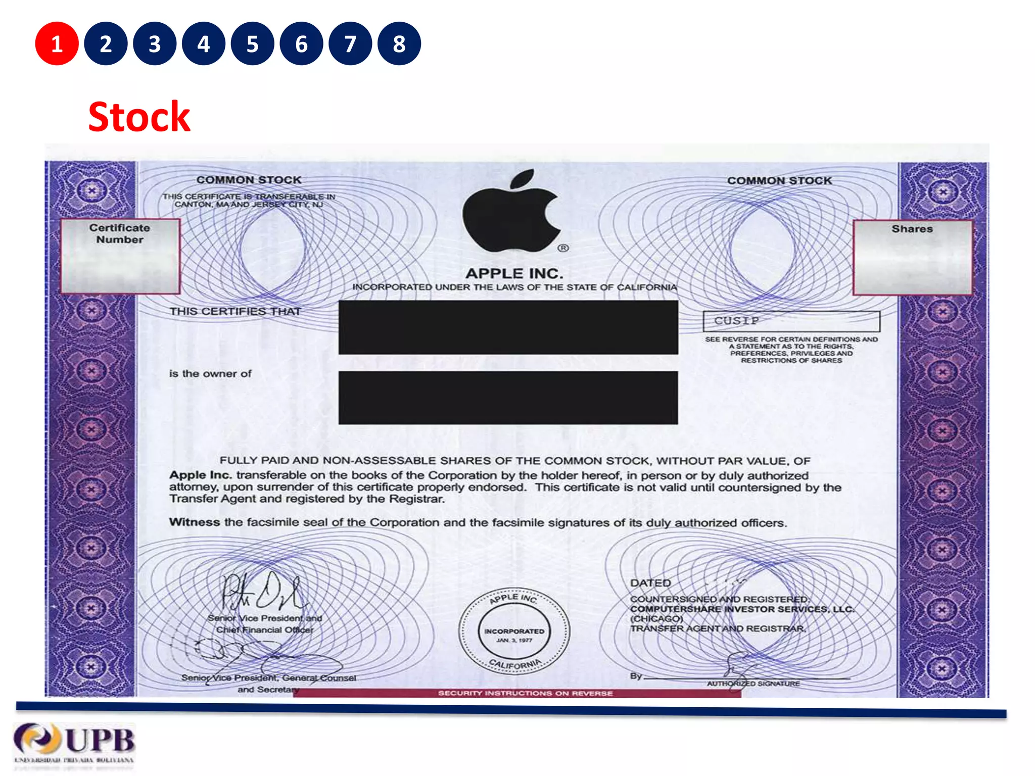 1

2

3

4

5

6

7

8

Stock
• stock certificate:
– legal document used to transfer ownership
– includes stock’s issuer, shareholder’s name, corporate
seal, number of shares it represents
– each certificate is assigned a number by the
Committee on Uniform Securities Identification
Procedures (CUSIP)
– par value is also found on the certificate: not the
price you paid for the share (market price)

• street name: when the brokerage holds your
certificate for safekeeping

 