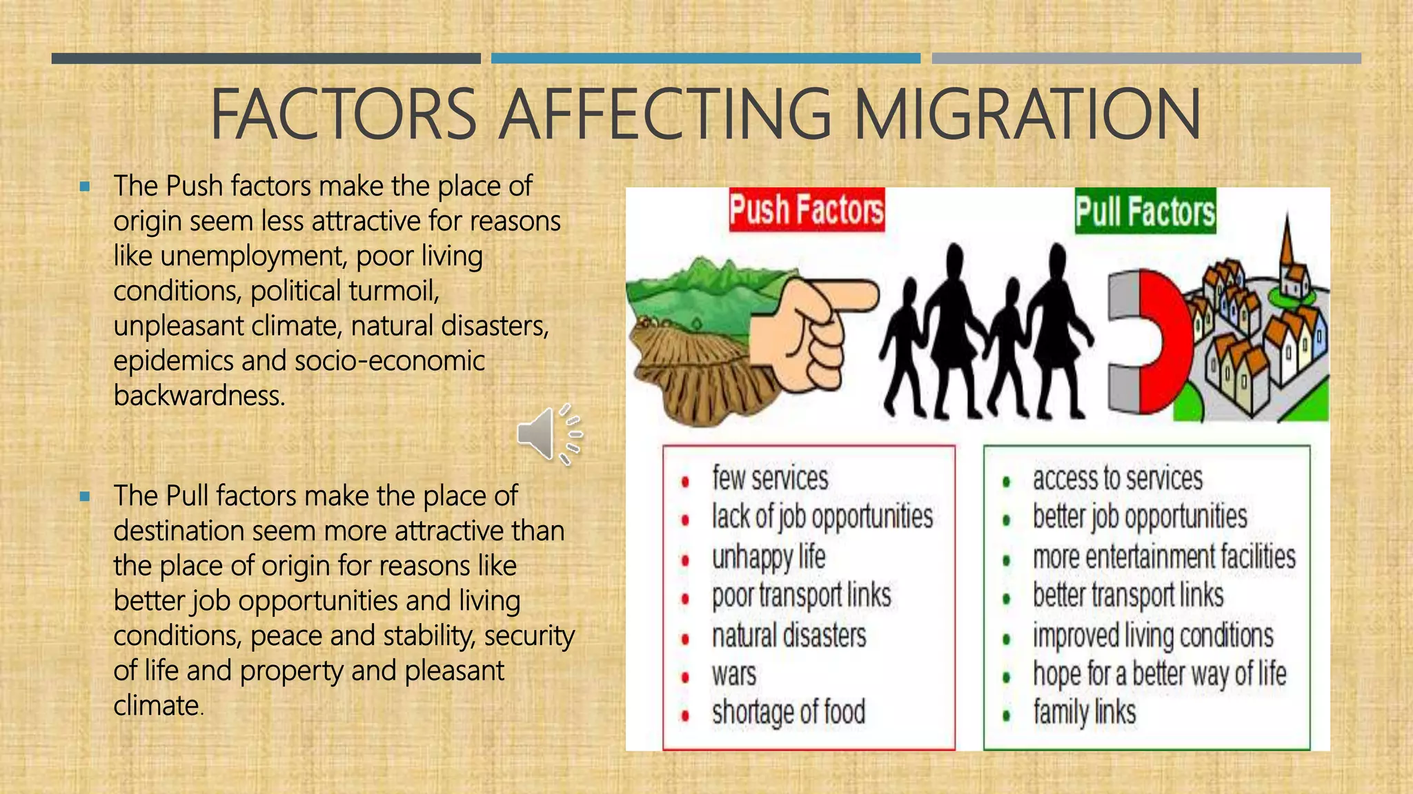 FACTORS AFFECTING MIGRATION
 The Push factors make the place of
origin seem less attractive for reasons
like unemployment, poor living
conditions, political turmoil,
unpleasant climate, natural disasters,
epidemics and socio-economic
backwardness.
 The Pull factors make the place of
destination seem more attractive than
the place of origin for reasons like
better job opportunities and living
conditions, peace and stability, security
of life and property and pleasant
climate.
 