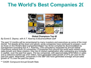 The World's Best Companies 2009 Global Champions Top 40 By Esmé E. Deprez, with A.T. Kearney & BusinessWeek staff The past 12 months will be remembered by many investors and executives as some of the most dismal. Yet despite all the doom and gloom, some companies have continued to prosper—such as those on the World's Best Companies/Global Top 40 list compiled for  BusinessWeek  by management consulting firm A.T. Kearney. (The consultancy expanded its annual Global Champions ranking from 25 companies.) Companies from around the world were ranked using sales growth and value creation—the rise of market capitalization after subtracting any increase in capital—over the past five years. The top companies, with approximately $700 billion in sales and a collective market cap of $1 trillion, have generated sales growth of 27% per year for the past five years. Meanwhile, companies in the S&P 500 have generated average annual sales growth of 7% over the past five years. ** CAGR: Compound Annual Growth Rate  