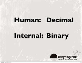 Human:	

	

 Decimal

                         Internal:	

 Binary


Tuesday, July 19, 2011                          15
 