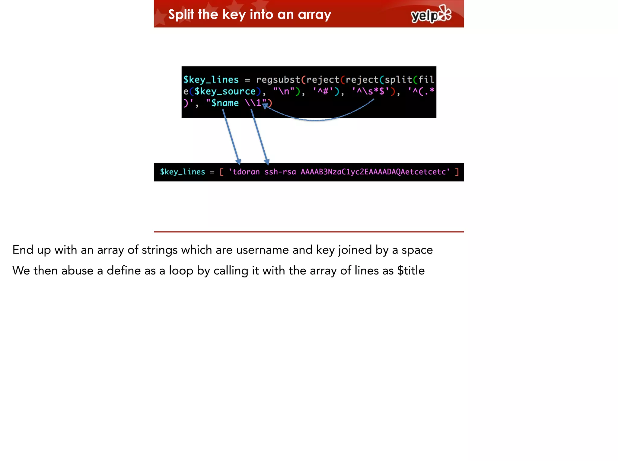 Split the key into an array

$864

End up with an array of strings which are username and key joined by a space
We then abuse a define as a loop by calling it with the array of lines as $title

 