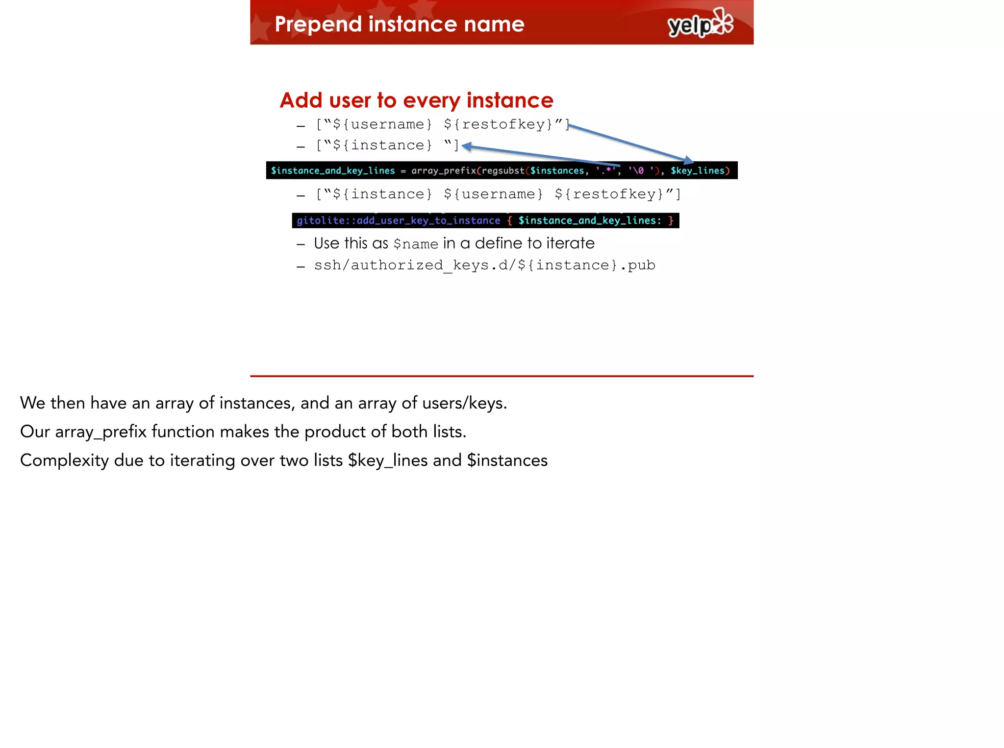 Prepend instance name
!

Add user to every instance
– [“${username} ${restofkey}”]
– [“${instance} “]
– [“${instance} ${username} ${restofkey}”]
– Use this as $name in a define to iterate
– ssh/authorized_keys.d/${instance}.pub

We then have an array of instances, and an array of users/keys.
Our array_prefix function makes the product of both lists.
Complexity due to iterating over two lists $key_lines and $instances

 