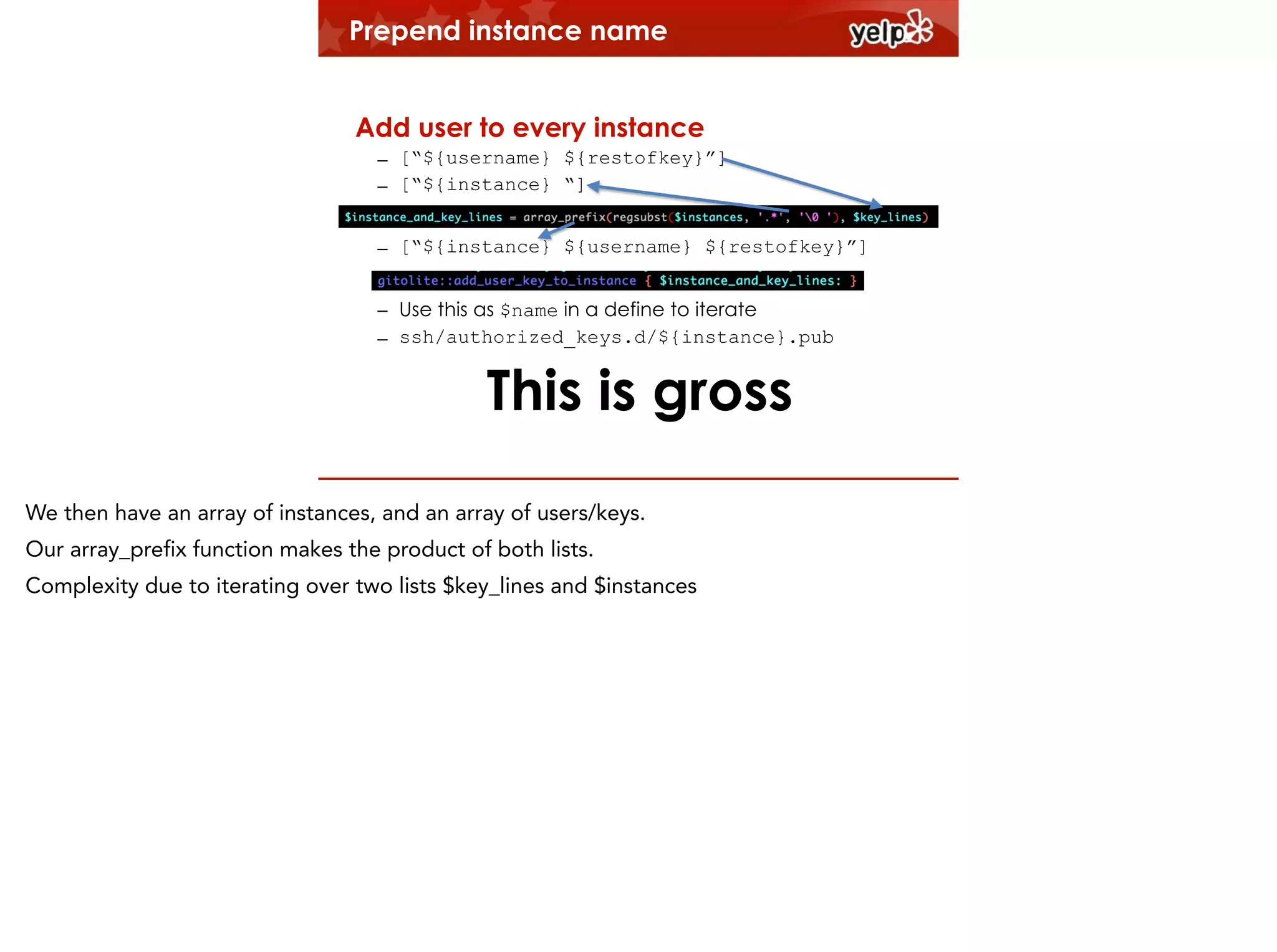 Prepend instance name
!

Add user to every instance
– [“${username} ${restofkey}”]
– [“${instance} “]
– [“${instance} ${username} ${restofkey}”]
– Use this as $name in a define to iterate
– ssh/authorized_keys.d/${instance}.pub

This is gross
We then have an array of instances, and an array of users/keys.
Our array_prefix function makes the product of both lists.
Complexity due to iterating over two lists $key_lines and $instances

 