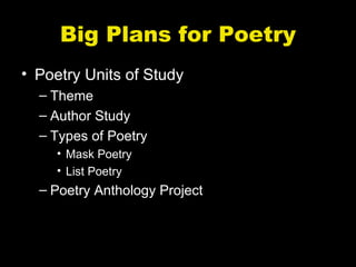 Big Plans for Poetry
• Poetry Units of Study
  – Theme
  – Author Study
  – Types of Poetry
     • Mask Poetry
     • List Poetry
  – Poetry Anthology Project
 