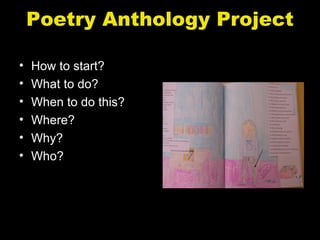 Poetry Anthology Project

•   How to start?
•   What to do?
•   When to do this?
•   Where?
•   Why?
•   Who?
 