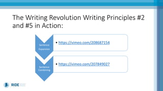 The Writing Revolution Writing Principles #2
and #5 in Action:
Sentence
Expansion
• https://vimeo.com/208687154
Sentence
Combining
• https://vimeo.com/207849027
 