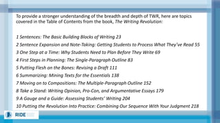 To provide a stronger understanding of the breadth and depth of TWR, here are topics
covered in the Table of Contents from the book, The Writing Revolution:
1 Sentences: The Basic Building Blocks of Writing 23
2 Sentence Expansion and Note-Taking: Getting Students to Process What They’ve Read 55
3 One Step at a Time: Why Students Need to Plan Before They Write 69
4 First Steps in Planning: The Single-Paragraph Outline 83
5 Putting Flesh on the Bones: Revising a Draft 111
6 Summarizing: Mining Texts for the Essentials 138
7 Moving on to Compositions: The Multiple-Paragraph Outline 152
8 Take a Stand: Writing Opinion, Pro-Con, and Argumentative Essays 179
9 A Gauge and a Guide: Assessing Students’ Writing 204
10 Putting the Revolution Into Practice: Combining Our Sequence With Your Judgment 218
 
