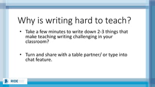 Why is writing hard to teach?
• Take a few minutes to write down 2-3 things that
make teaching writing challenging in your
classroom?
• Turn and share with a table partner/ or type into
chat feature.
 