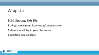 Wrap Up
3-2-1 Strategy Exit Slip
3 things you learned from today’s presentation
2 ideas you will try in your classroom
1 question you still have
 