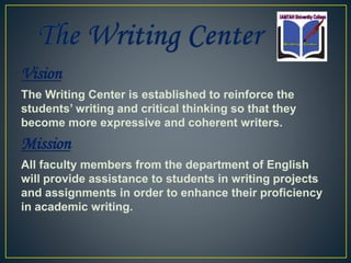 Vision
The Writing Center is established to reinforce the
students’ writing and critical thinking so that they
become more expressive and coherent writers.
Mission
All faculty members from the department of English
will provide assistance to students in writing projects
and assignments in order to enhance their proficiency
in academic writing.
 