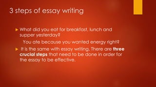 3 steps of essay writing


What did you eat for breakfast, lunch and
supper yesterday?
You ate because you wanted energy right?



It is the same with essay writing. There are three
crucial steps that need to be done in order for
the essay to be effective.

 