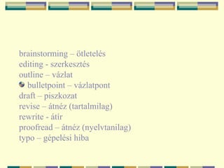 brainstorming – ötletelés
editing - szerkesztés
outline – vázlat
bulletpoint – vázlatpont
draft – piszkozat
revise – átnéz (tartalmilag)
rewrite - átír
proofread – átnéz (nyelvtanilag)
typo – gépelési hiba