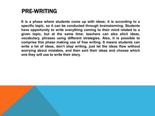 PRE-WRITING
It is a phase where students come up with ideas; it is according to a
specific topic, so it can be conducted through brainstorming. Students
have opportunity to write everything coming to their mind related to a
given topic, but at the same time; teachers can also elicit ideas,
vocabulary, phrases using different strategies. Also, it is possible to
comprise this phase making use of free writing. It means students can
write a lot of ideas, don’t stop writing, just let the ideas flow without
worrying about mistakes, and then sort their ideas and choose which
one they will use to write their story.
 