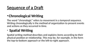 Sequence of a Draft
•Chronological Writing
The word “chronologic” refers to movement in a temporal sequence.
Writing chronologically is the method of organization to present events
and actions as they occurred in time.
• Spatial Writing
Spatial writing method describes and explains items according to their
physical position or relationship. This may be, for example, in the form
the top-to-bottom approach or the left-to-right approach.
 