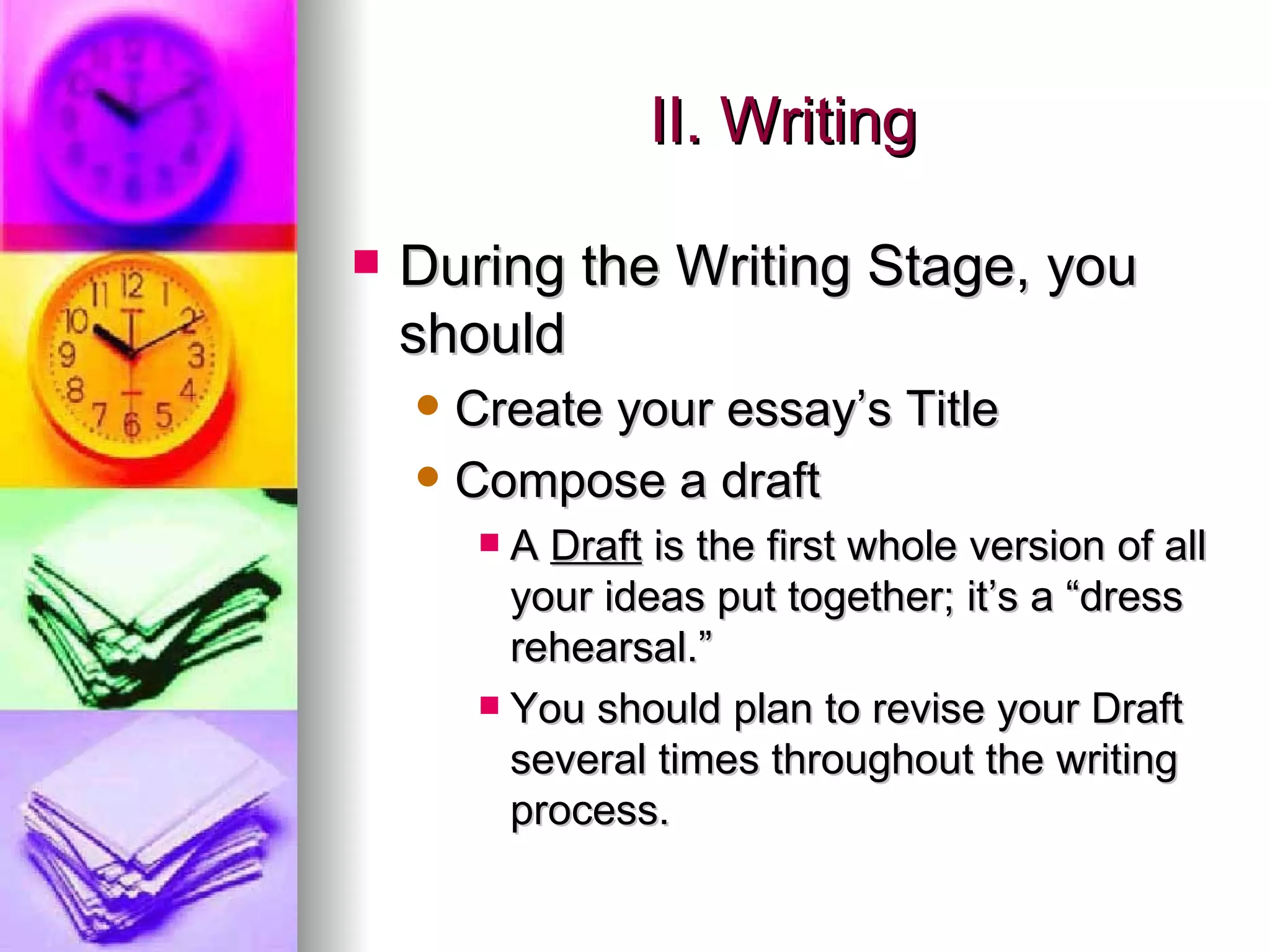 II. Writing During the Writing Stage, you should Create your essay’s Title Compose a draft A  Draft  is the first whole version of all your ideas put together; it’s a “dress rehearsal.” You should plan to revise your Draft several times throughout the writing process. 