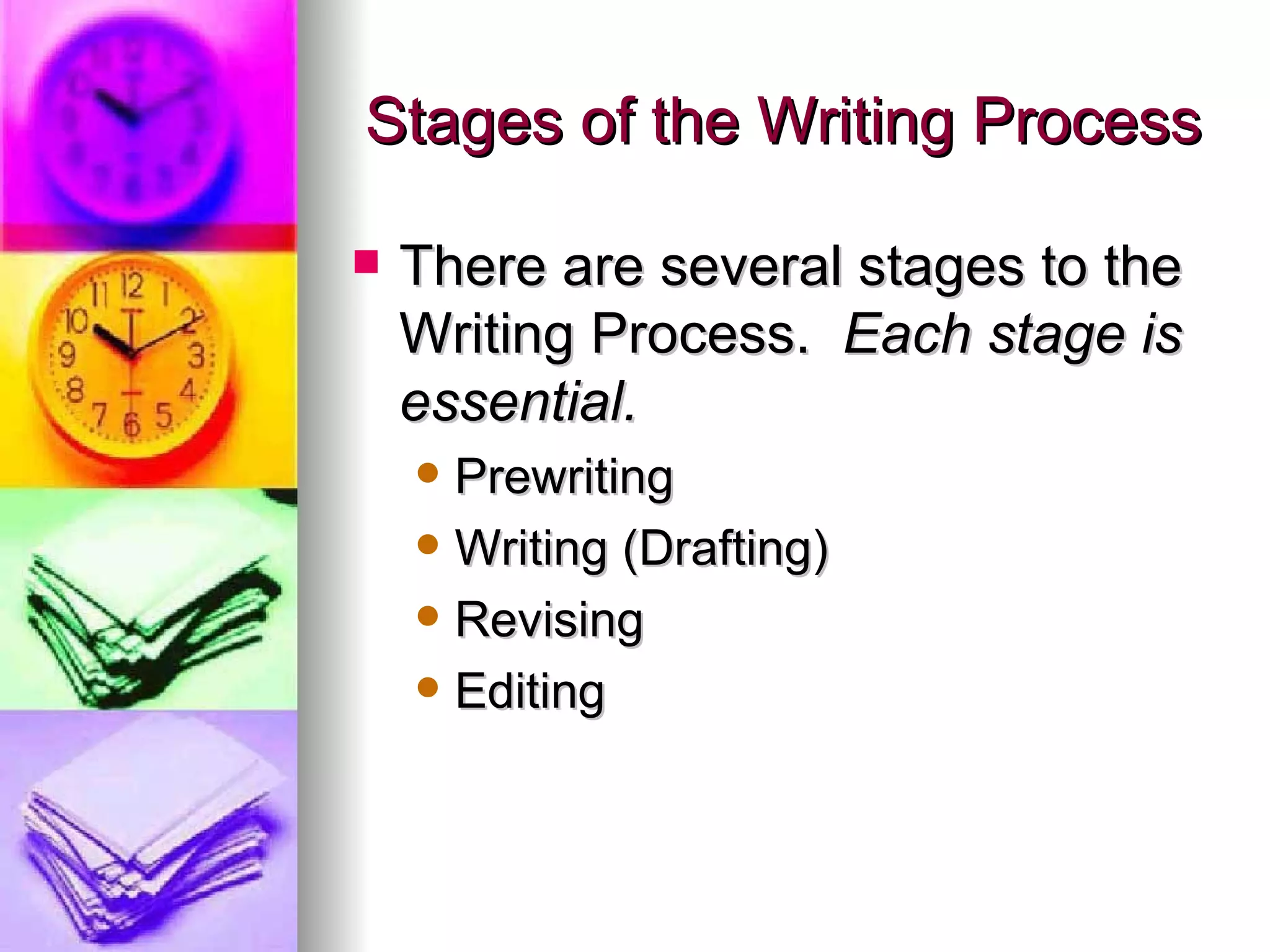 Stages of the Writing Process There are several stages to the Writing Process.  Each stage is essential. Prewriting Writing (Drafting) Revising Editing 