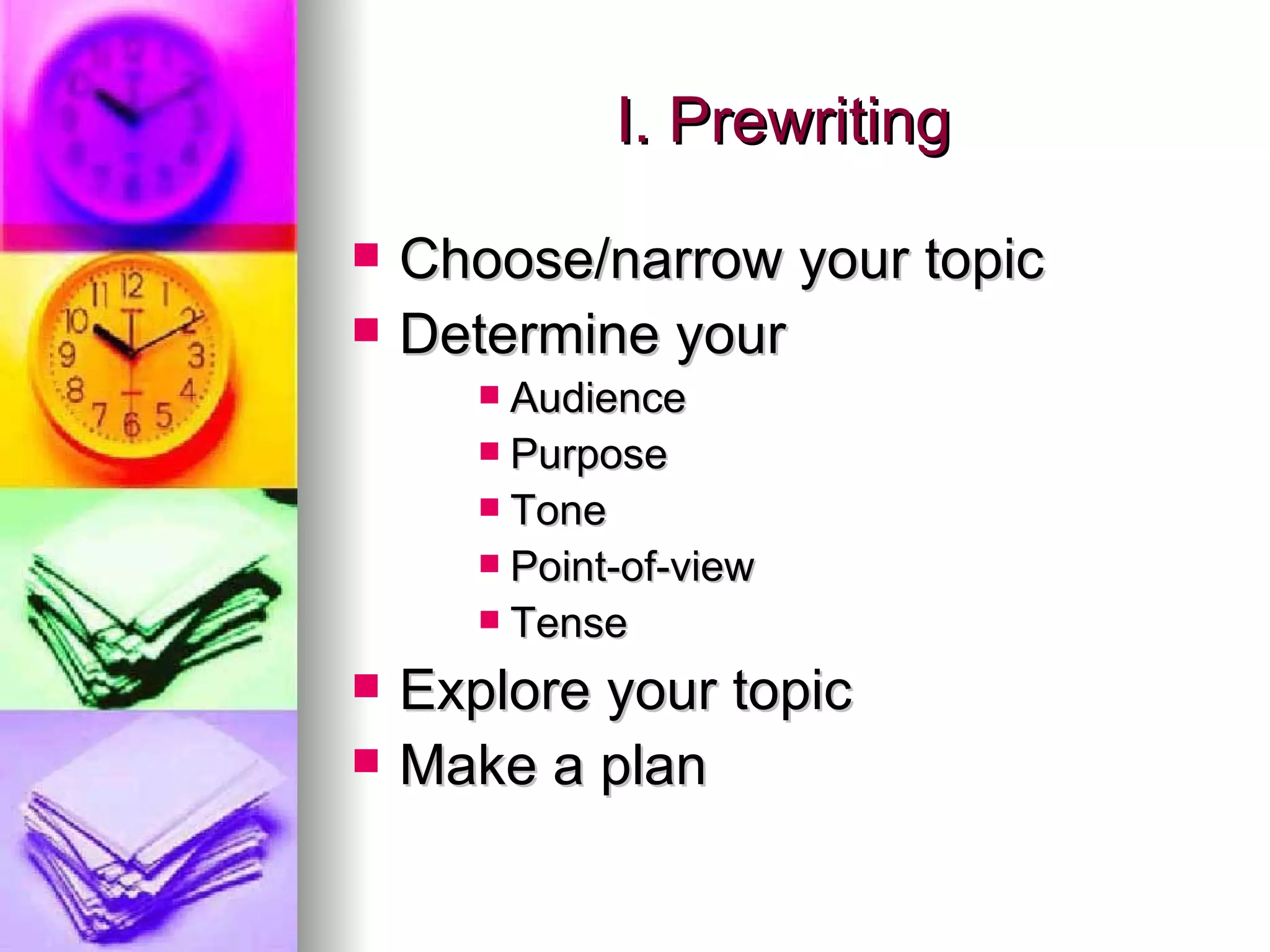 I. Prewriting Choose/narrow your topic Determine your Audience Purpose Tone Point-of-view Tense Explore your topic Make a plan 