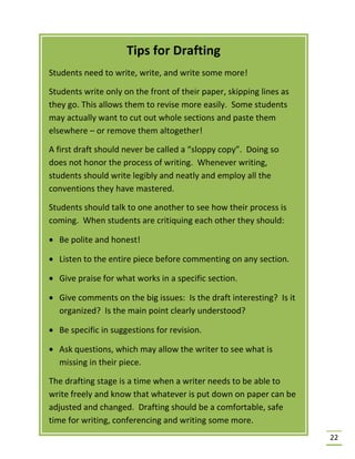 22
Tips for Drafting
Students need to write, write, and write some more!
Students write only on the front of their paper, skipping lines as
they go. This allows them to revise more easily. Some students
may actually want to cut out whole sections and paste them
elsewhere – or remove them altogether!
A first draft should never be called a “sloppy copy”. Doing so
does not honor the process of writing. Whenever writing,
students should write legibly and neatly and employ all the
conventions they have mastered.
Students should talk to one another to see how their process is
coming. When students are critiquing each other they should:
• Be polite and honest!
• Listen to the entire piece before commenting on any section.
• Give praise for what works in a specific section.
• Give comments on the big issues: Is the draft interesting? Is it
organized? Is the main point clearly understood?
• Be specific in suggestions for revision.
• Ask questions, which may allow the writer to see what is
missing in their piece.
The drafting stage is a time when a writer needs to be able to
write freely and know that whatever is put down on paper can be
adjusted and changed. Drafting should be a comfortable, safe
time for writing, conferencing and writing some more.
 