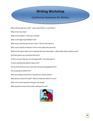 44
Where did you get your idea? Is your story fiction or non-fiction?
What is the main idea?
What is the problem? How was it solved?
What is the beginning? Middle? End?
What is your favorite part of your story? Tell me more about it.
Who is your favorite character? Tell me more about the character.
Read me the places where you’re pleased with your description. What makes these sections work?
Are there places you could describe more?
Is there any part that you are not happy with? Let’s talk about it.
Is there anything that doesn’t seem to fit?
Do you think that you have more than one piece (paragraph) here?
Are you going to publish this?
Were you trying to write this in the style of a certain author?
Why did you choose this topic? What is important about it to you?
What is the most important thing you are saying?
What questions do you think others will have for you?
Writing Workshop
Conference Questions for Writers
 