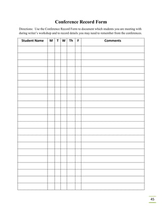 45
Conference Record Form
Directions: Use the Conference Record Form to document which students you are meeting with
during writer’s workshop and to record details you may need to remember from the conferences.
Student Name M T W Th F Comments
 
