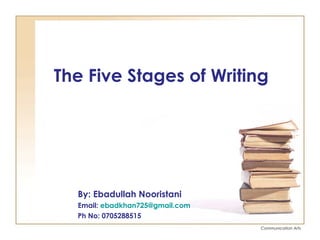 Communication Arts
The Five Stages of Writing
By: Ebadullah Nooristani
Email: ebadkhan725@gmail.com
Ph No: 0705288515
 