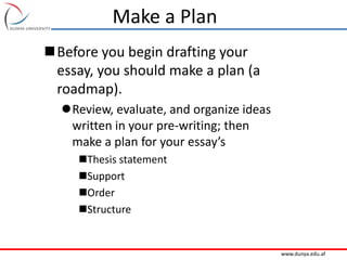 www.dunya.edu.af
Make a Plan
Before you begin drafting your
essay, you should make a plan (a
roadmap).
Review, evaluate, and organize ideas
written in your pre-writing; then
make a plan for your essay’s
Thesis statement
Support
Order
Structure
 