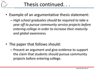 www.dunya.edu.af
Thesis continued. . .
• Example of an argumentative thesis statement:
– High school graduates should be required to take a
year off to pursue community service projects before
entering college in order to increase their maturity
and global awareness.
• The paper that follows should:
– Present an argument and give evidence to support
the claim that students should pursue community
projects before entering college.
 