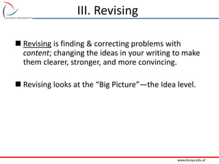 www.dunya.edu.af
III. Revising
 Revising is finding & correcting problems with
content; changing the ideas in your writing to make
them clearer, stronger, and more convincing.
 Revising looks at the “Big Picture”—the Idea level.
 