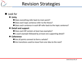 www.dunya.edu.af
Revision Strategies
 Look for
 Unity
 Does everything refer back to main point?
 Does each topic sentence refer to the thesis?
 Does each sentence in each BP refer back to the topic sentence?
 Detail and support
 Does each BP contain at least two examples?
 Is each example followed by at least one supporting detail?
 Coherence
 Are all points connect to form a whole?
 Are transitions used to move from one idea to the next?
 