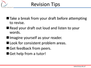 www.dunya.edu.af
Revision Tips
Take a break from your draft before attempting
to revise.
Read your draft out loud and listen to your
words.
Imagine yourself as your reader.
Look for consistent problem areas.
Get feedback from peers.
Get help from a tutor!
 