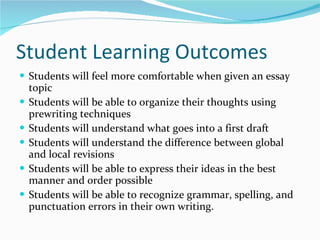 Student Learning Outcomes Students will feel more comfortable when given an essay topic Students will be able to organize their thoughts using prewriting techniques Students will understand what goes into a first draft Students will understand the difference between global and local revisions Students will be able to express their ideas in the best manner and order possible Students will be able to recognize grammar, spelling, and punctuation errors in their own writing. 
