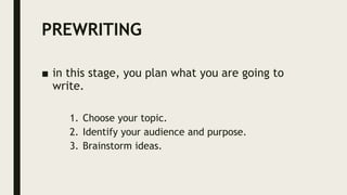 PREWRITING
■ in this stage, you plan what you are going to
write.
1. Choose your topic.
2. Identify your audience and purpose.
3. Brainstorm ideas.
 