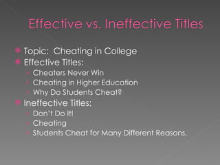 Topic:  Cheating in College Effective Titles: Cheaters Never Win Cheating in Higher Education Why Do Students Cheat? Ineffective Titles: Don’t Do It! Cheating Students Cheat for Many Different Reasons. 