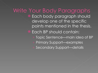 Each body paragraph should develop one of the specific points mentioned in the thesis. Each BP should contain: Topic Sentence—main idea of BP Primary Support—examples  Secondary Support—details 