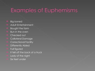 Big boned Adult Entertainment Bought the farm Bun in the oven Checked out Collateral Damage Correctional Facility Differently Abled Full figured It fell off the back of a truck Lady of the night Six feet under 