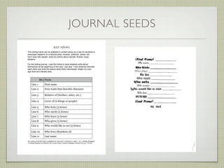 JOURNAL SEEDS
                                       BIO POEMS
This writing frame can be adapted to content areas as a way for students to
showcase research on a famous artist, inventor, politician, author, etc.
Don!t stop with people, write bio poems about planets, ﬂowers, bugs,
bacteria...

For the writing journal, I use this frame to have students write about
themselves at the beginning of the year. Last year, I had students interview
each other and write bio poems about their interviewee. Adapt it to your
age level and interest area.



                 Bio Poem
     Line 1               First name
     Line 2               Four traits that describe character

     Line 3               Relative of (brother, sister, etc.)

     Line 4               Lover of (3 things or people)

     Line 5               Who feels (3 items)
     Line 6               Who needs (3 items)
     Line 7               Who fears (3 items)
     Line 8               Who gives (3 items)
     Line 9               Who would like to see (3 items)

     Line 10              Who lives (Resident of)
     Line 11              Last name
This version of the Bio Poem is adapted from Tama, M.C. & McClain A. (2001). “Ch. 5: Writing Strategies”
in Guiding Reading and Writing in the Content Areas: Practical Strategies. Kendall Hunt, pp. 175-234.
 