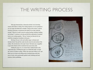 THE WRITING PROCESS

       This page demonstrates a classroom activity I use to develop
sensory (descriptive) writing. The writing organizer we use is printed on
an 11x17 page and folded into a booklet. Using our five senses, I ask the
learning community to brainstorm the details of our topic using the
prompt, ”What do I/could I sense by seeing, hearing, touching, smelling
and tasting?” I continue to develop and link this exploration to modeled
texts we are reading together. “Oh my, Trenton Lee Stewart let’s me
smell the scrumptious breakfasts in this part...”
       Moving to the pre-write and outline stage, we discuss and
develop ‘hooks’ that pull the reader into the story for each section of the
outline. The introduction is the topic’s heart. The body uses a magnifier
to get at the details and the conclusion ties up any loose ends.
       Folding the page over, we connect these outlined hooks to the
rough draft page. Unfolding the page as we finish this draft, we check
the work for excellence asking, “What’s the main idea? Where is it?” and
follow up on revision and editing needs, turning boring words into
power words, circle questionably spelled words, defining each lead
sentence, before publishing.
 