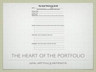 My Goal Planning Draft
       Name:__________________                              Date: _______________
                    Enter this information in your Eportfolio Artifact Folder

       General Goal: _______________________________________
       Artifact Title: _______________________________________
       Description:
       (What you want to do why you chose to do this, and when and where it will be done.)

            _______________________________________________________________

            _______________________________________________________________

            _______________________________________________________________

            _______________________________________________________________

            _______________________________________________________________
       Criteria:   (Specifically what your work needs to have/to show/to do to be excellent.)

            1. ______________________________________________________________

            2. ______________________________________________________________

            3. ______________________________________________________________

            4. _____________________________________________________________

       Task Goals: (order of steps that I need to do)
            1. ______________________________________________________________

            2. ______________________________________________________________

            3. ______________________________________________________________

            4. _____________________________________________________________

       Strategies: (how to get it done on time and with care)
            1. ______________________________________________________________

            2. ______________________________________________________________

            3. ______________________________________________________________

                          *Reflection to be written once the artifact is completed.




THE HEART OF THE PORTFOLIO
      GOAL SETTING & ARTIFACTS
 