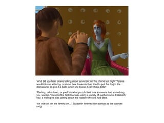 “And did you hear Grace talking about Lavender on the phone last night? Grace
wouldn't stop wittering on about how Lavender had tried to put the dog in the
dishwasher to give it a bath, when she knows I can't have kids!”

“Darling, calm down, or you'll do what you did last time someone had something
you wanted.” Despite the fact Knut was using a variety of euphemisms, Elizabeth
had a feeling he was talking about the reason why she had died.

“It's not fair, I'm the family sim...” Elizabeth frowned with sorrow as the doorbell
rang.
 