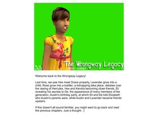 Welcome back to the Wrongway Legacy!

Last time, we saw Hex meet Grace properly, Lavender grow into a
child, Rose grow into a toddler, a kidnapping take place, debates over
the raising of Hercules, Hex and Kendra becoming close friends, Eli
revealing his secrets to De, the appearance of many members of the
generation, Austin's birthday party, at which Eli and De told Elizabeth
who Austin's parents were, while Austin and Lavender became friends
upstairs.

If this doesn't all sound familiar, you might want to go back and read
the previous chapters. Just a thought. :)
 