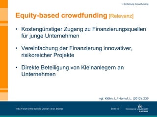 1. Einführung Crowdfunding

Equity-based crowdfunding [Relevanz]
•  Kostengünstiger Zugang zu Finanzierungsquellen
für junge Unternehmen
•  Vereinfachung der Finanzierung innovativer,
risikoreicher Projekte
•  Direkte Beteiligung von Kleinanlegern an
Unternehmen

vgl. Klöhn, L./ Hornuf, L. (2012), 239
ThEx-Forum | Wie tickt die Crowd? | © D. Brüntje

Seite 12

 