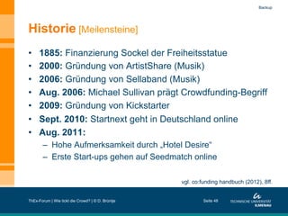 Backup

Historie [Meilensteine]
• 
• 
• 
• 
• 
• 
• 

1885: Finanzierung Sockel der Freiheitsstatue
2000: Gründung von ArtistShare (Musik)
2006: Gründung von Sellaband (Musik)
Aug. 2006: Michael Sullivan prägt Crowdfunding-Begriff
2009: Gründung von Kickstarter
Sept. 2010: Startnext geht in Deutschland online
Aug. 2011:
–  Hohe Aufmerksamkeit durch „Hotel Desire“
–  Erste Start-ups gehen auf Seedmatch online
vgl. co:funding handbuch (2012), 8ff.

ThEx-Forum | Wie tickt die Crowd? | © D. Brüntje

Seite 48

 