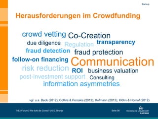 Backup

Herausforderungen im Crowdfunding

crowd vetting Co-Creation

due diligence Regulation transparency

fraud detection fraud protection
follow-on financing

Communication
risk reduction

ROI business valuation
post-investment support Consulting

information asymmetries

vgl. u.a. Beck (2012); Collins & Perrakis (2012); Hofmann (2012); Klöhn & Hornuf (2012)
ThEx-Forum | Wie tickt die Crowd? | © D. Brüntje

Seite 56

 