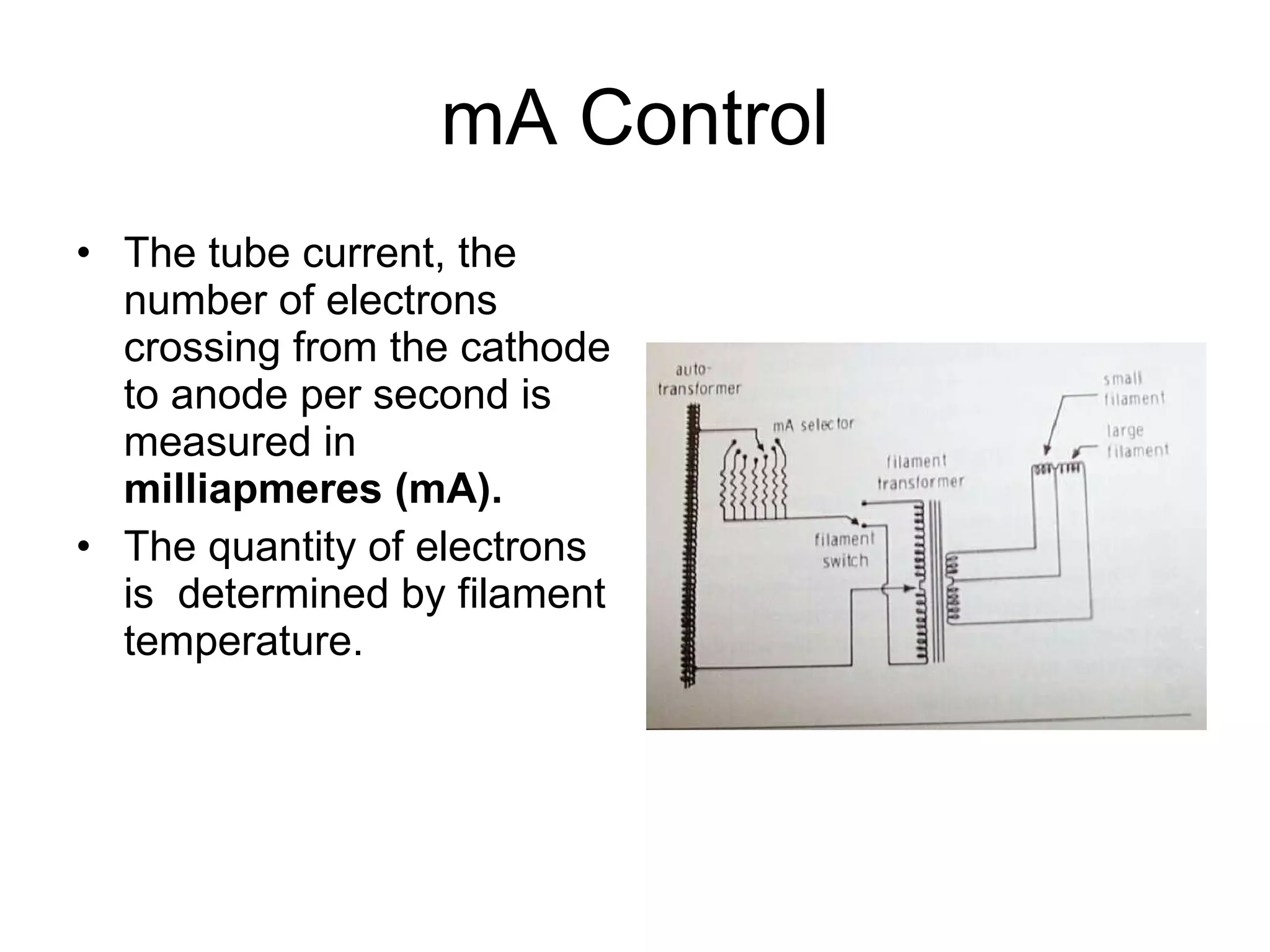 mA Control The tube current, the number of electrons crossing from the cathode to anode per second is measured in  milliapmeres (mA). The quantity of electrons is  determined by filament temperature. 