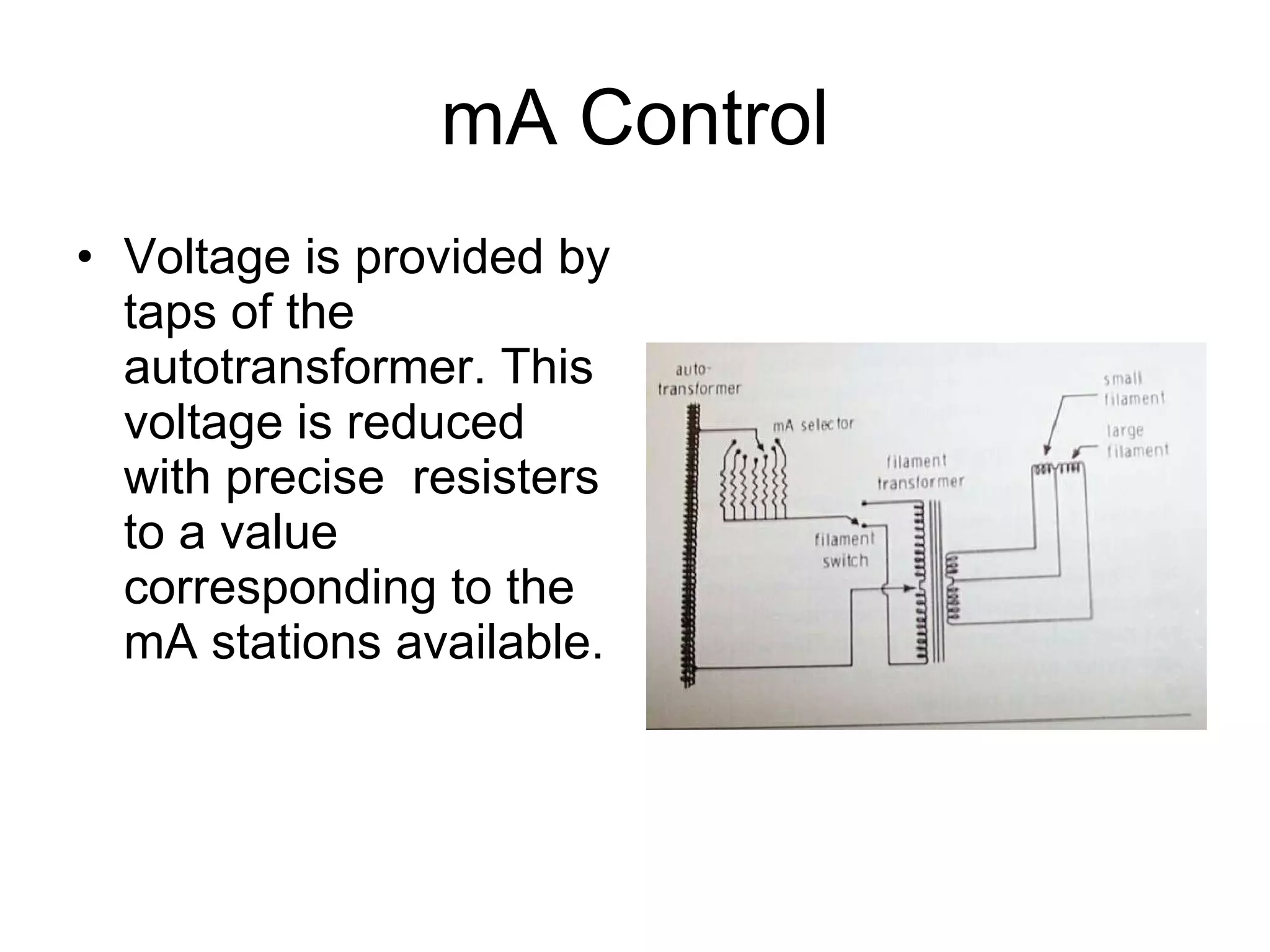 mA Control Voltage is provided by taps of the autotransformer. This voltage is reduced with precise  resisters to a value corresponding to the mA stations available. 