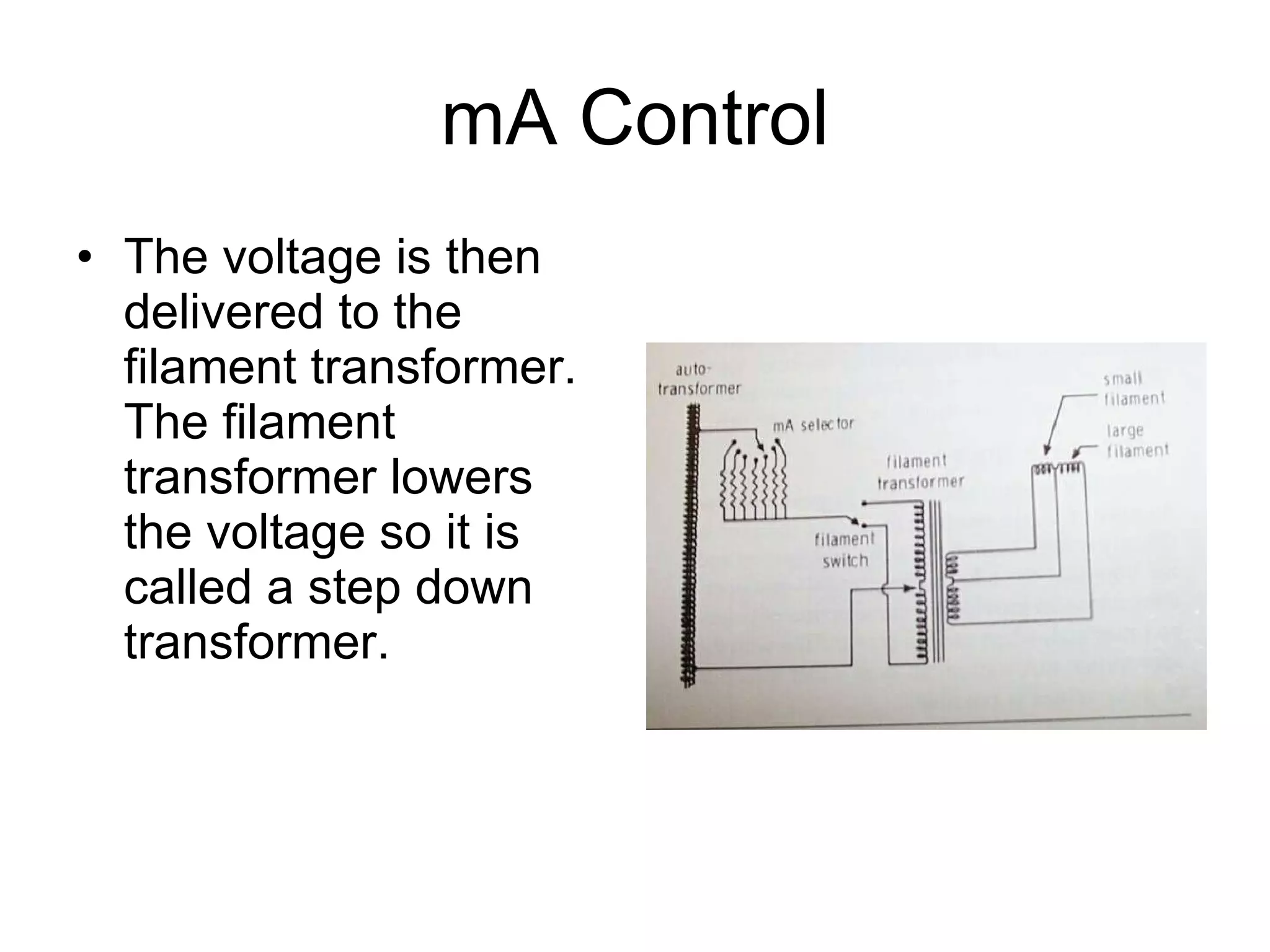 mA Control The voltage is then delivered to the filament transformer. The filament transformer lowers the voltage so it is called a step down transformer. 