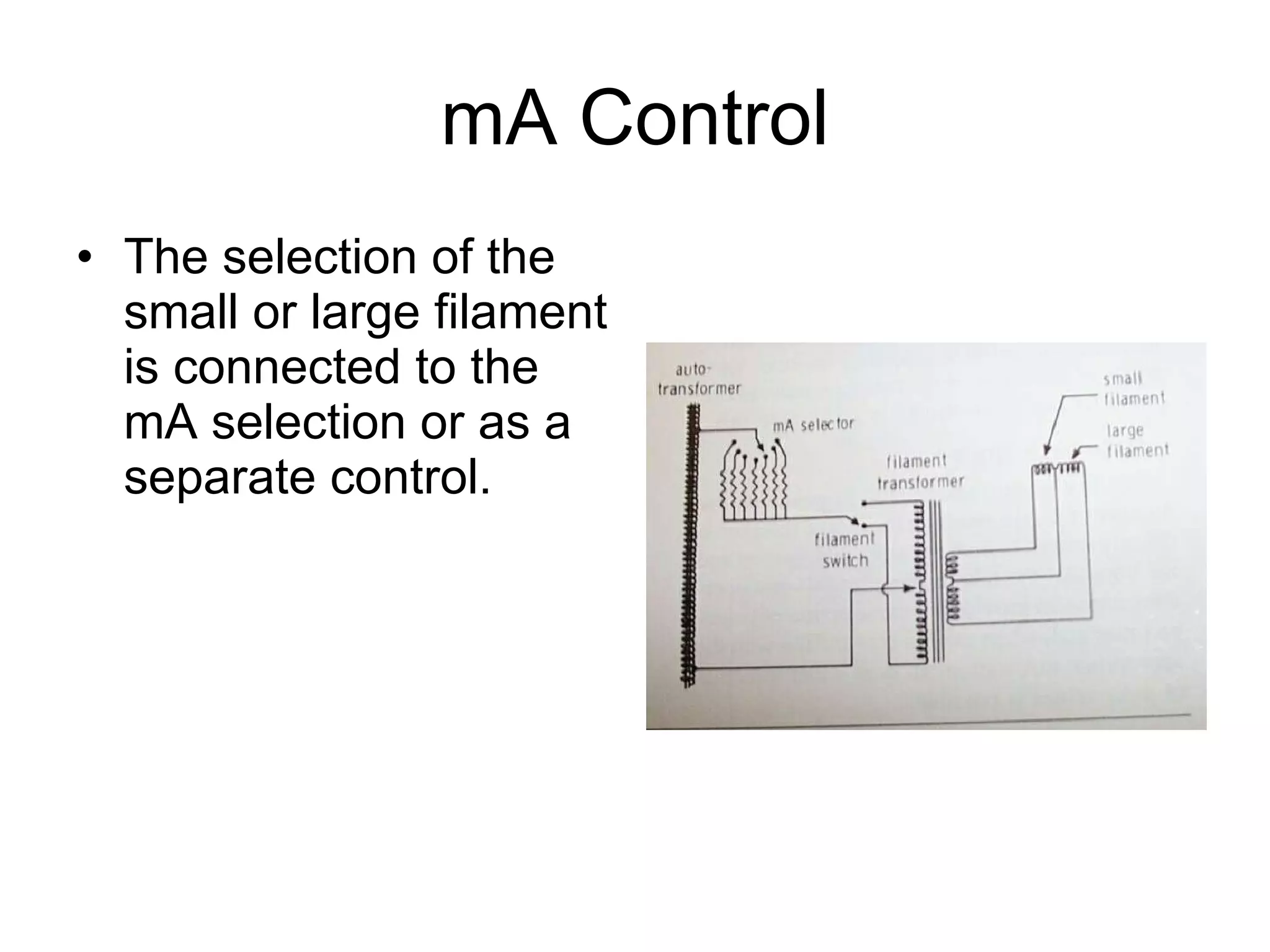 mA Control The selection of the small or large filament is connected to the mA selection or as a separate control. 