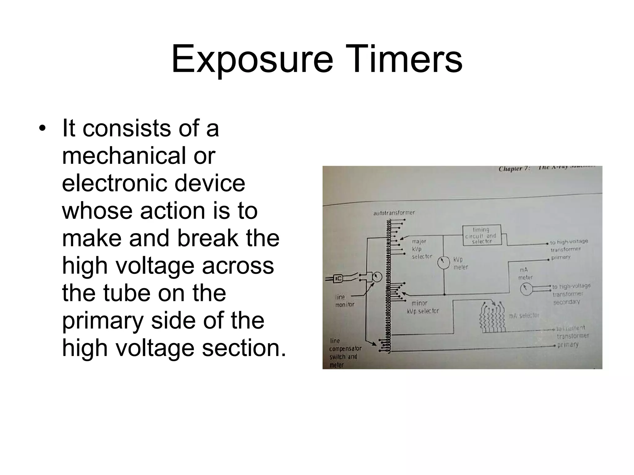 Exposure Timers It consists of a mechanical or electronic device whose action is to make and break the high voltage across the tube on the primary side of the high voltage section. 