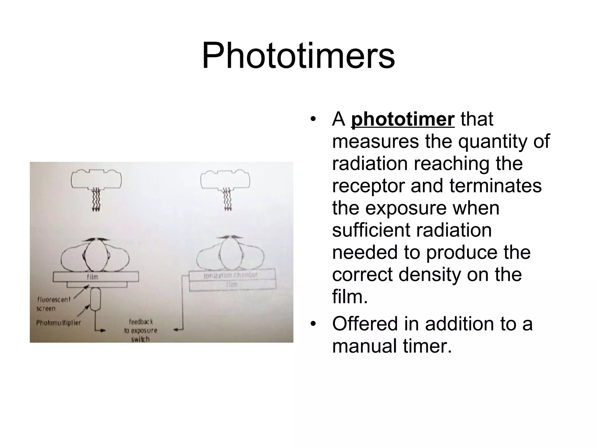 Phototimers A  phototimer  that measures the quantity of radiation reaching the receptor and terminates the exposure when sufficient radiation needed to produce the correct density on the film. Offered in addition to a manual timer. 